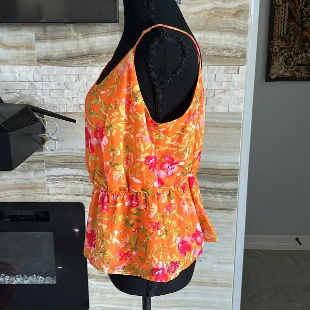 Enna & Michele Orange Sleeveless‎ Chiffon Floral Peplum Top. Size XS
